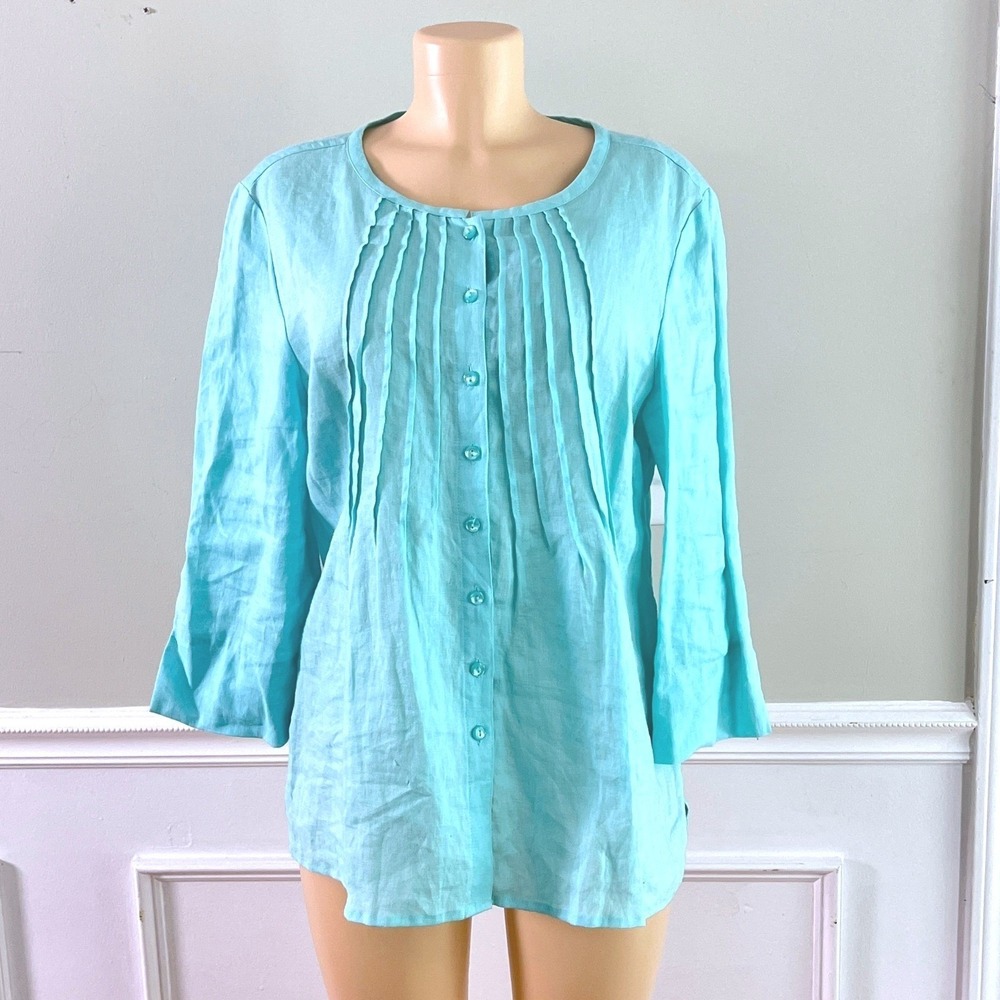 Choices Linen Top L Women Pintuck 3/4 Sleeve Aqua Blue Coastal